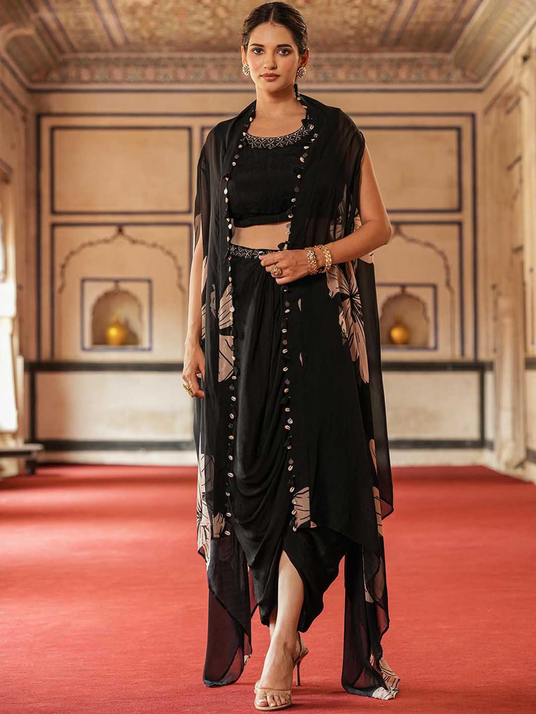 

SCAKHI Embroidered Pure Silk Top & Dhoti Pants With Shrug, Black