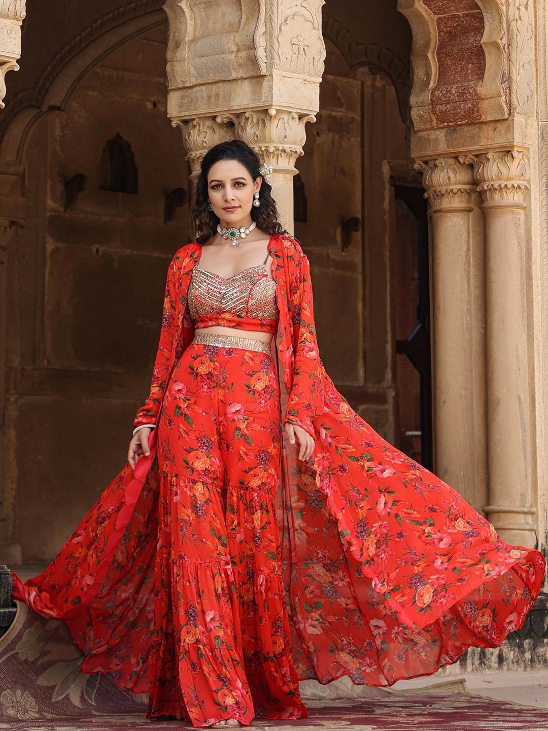 

SCAKHI Floral Printed Embroidered Crop Top With Sharara & Shrug, Red