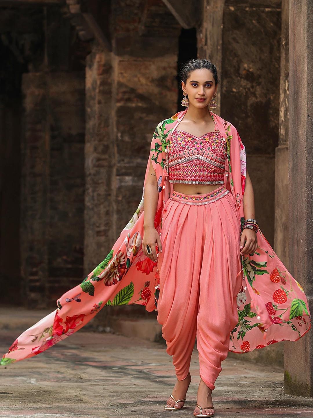 

SCAKHI Floral Printed Embroidered Pure Silk Crop Top With Dhoti Pants & Shrug, Pink