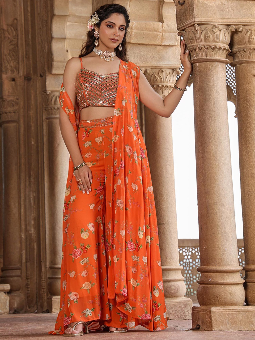 

SCAKHI Floral Printed Embroidered Crop Top With Palazzo & Shrug, Orange
