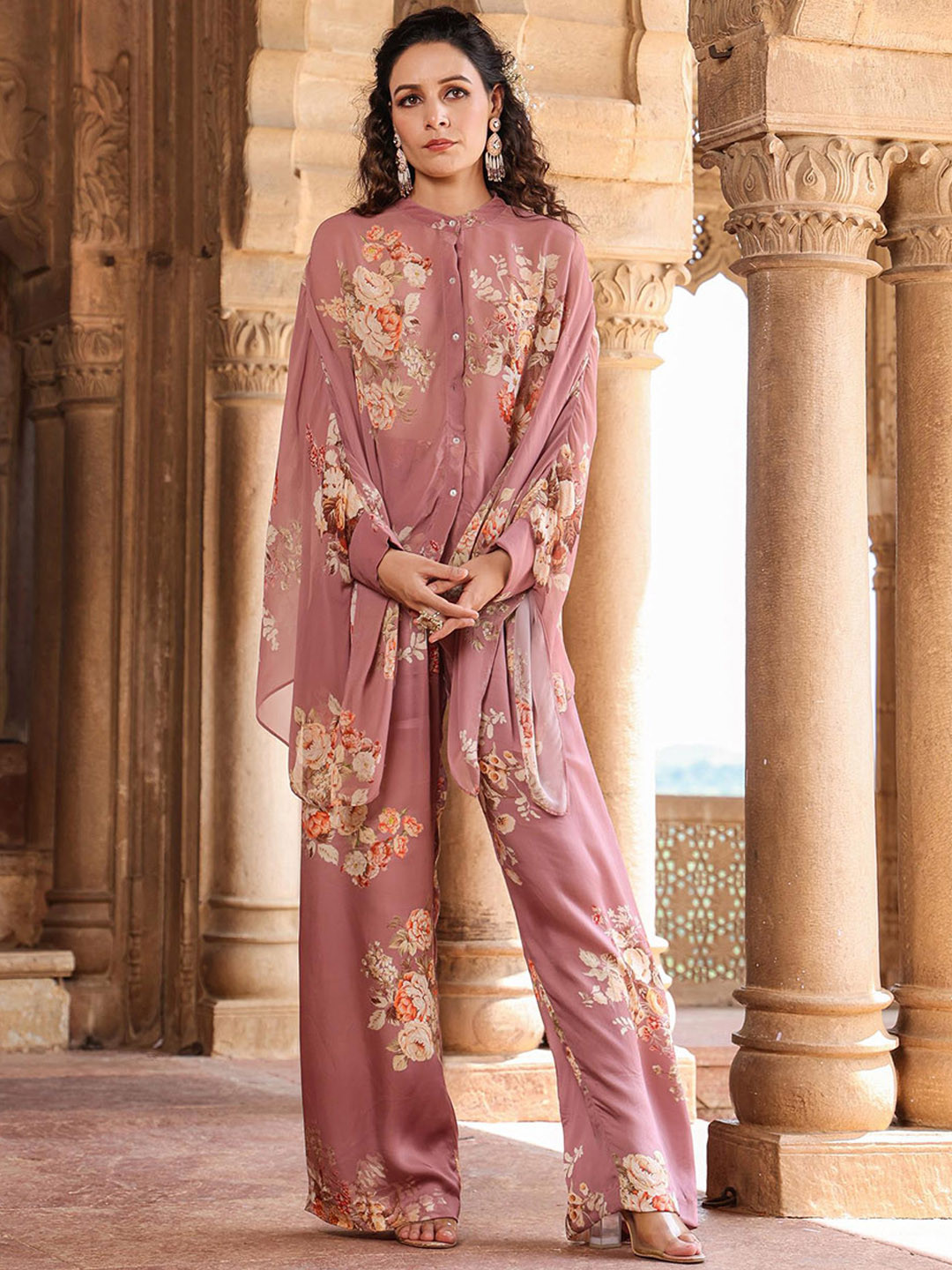 

SCAKHI Floral Printed Band Collar Top With Trouser, Lavender