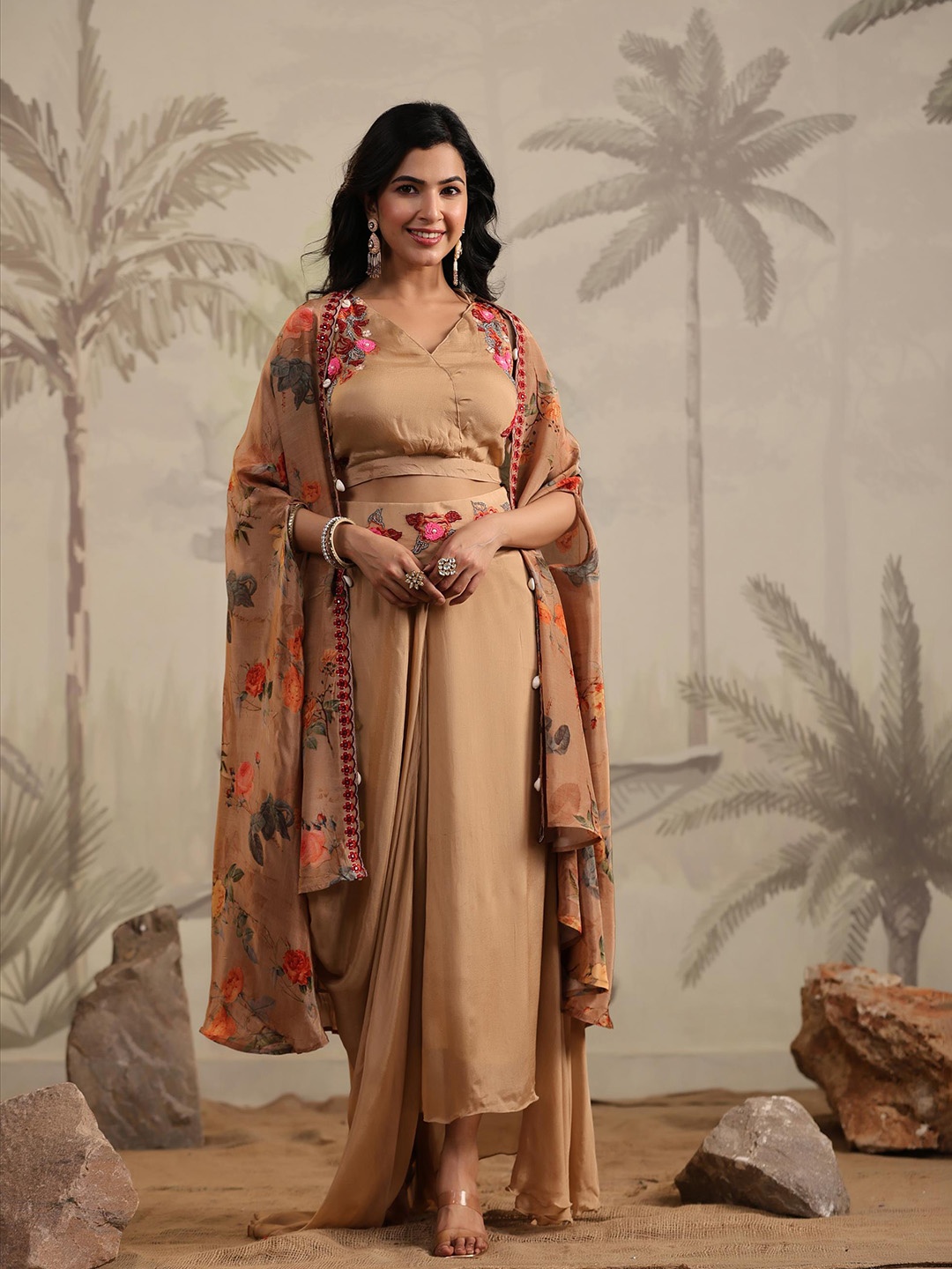 

SCAKHI Embroidered Pure Silk Crop Top With Skirt & Shrug, Beige