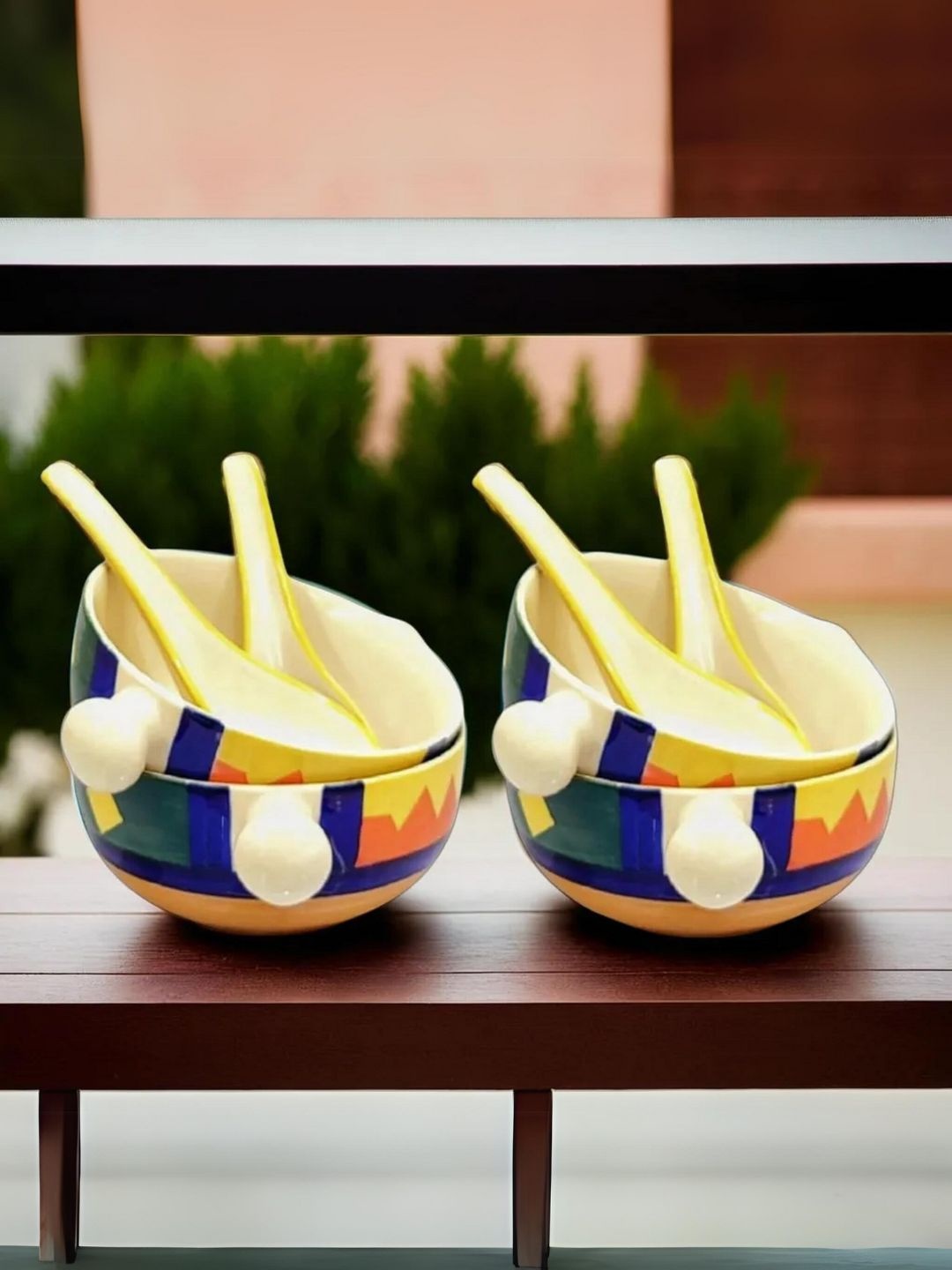 

Kittens Yellow& Blue 4 Pieces Handcrafted and Hand Painted Printed Ceramic Glossy Bowls