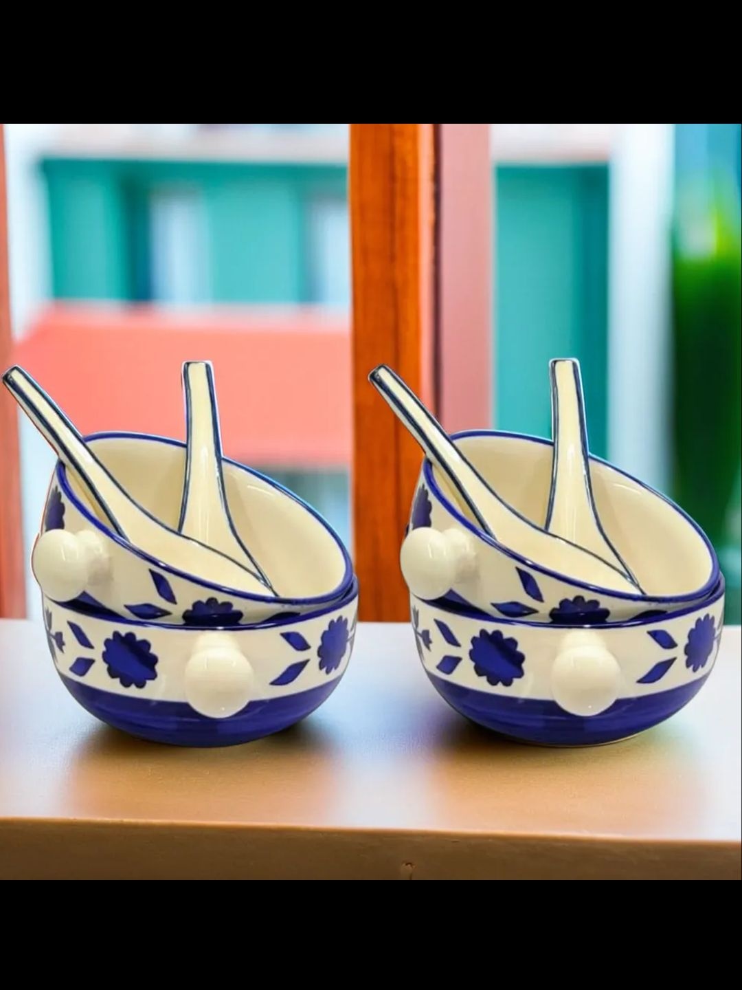 

Kittens Blue & White 4 Pieces Ceramic Glossy Bowls with Spoons