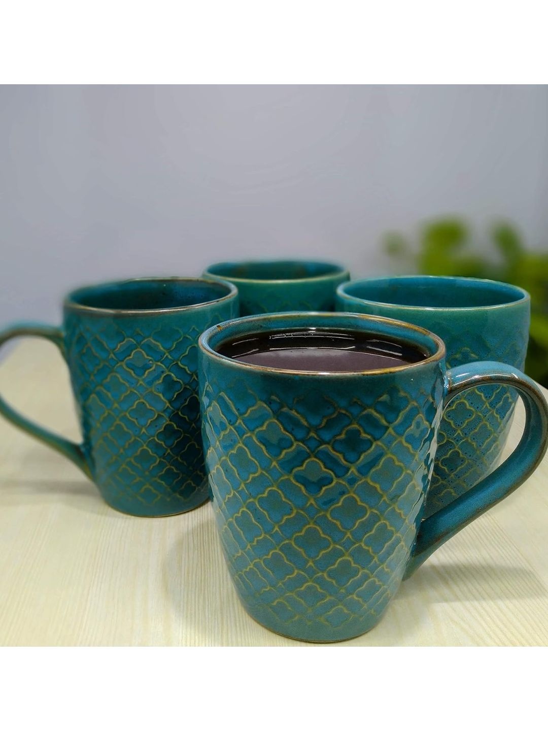 

Kittens Green & Mustard 4 Pieces Textured Ceramic Glossy Mugs 320ml