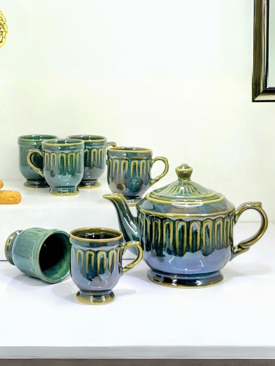 

Kittens Green & Mustard 7 Pieces Textured Ceramic Glossy Kettle Set