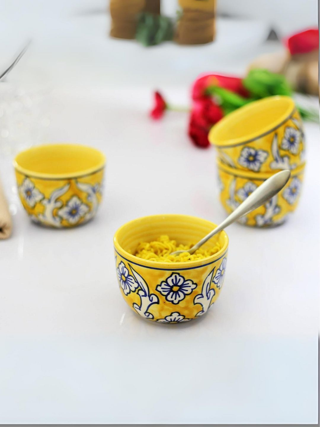 

Kittens Yellow &White 4 Pieces Handcrafted and Hand Painted Printed Ceramic Glossy Bowls