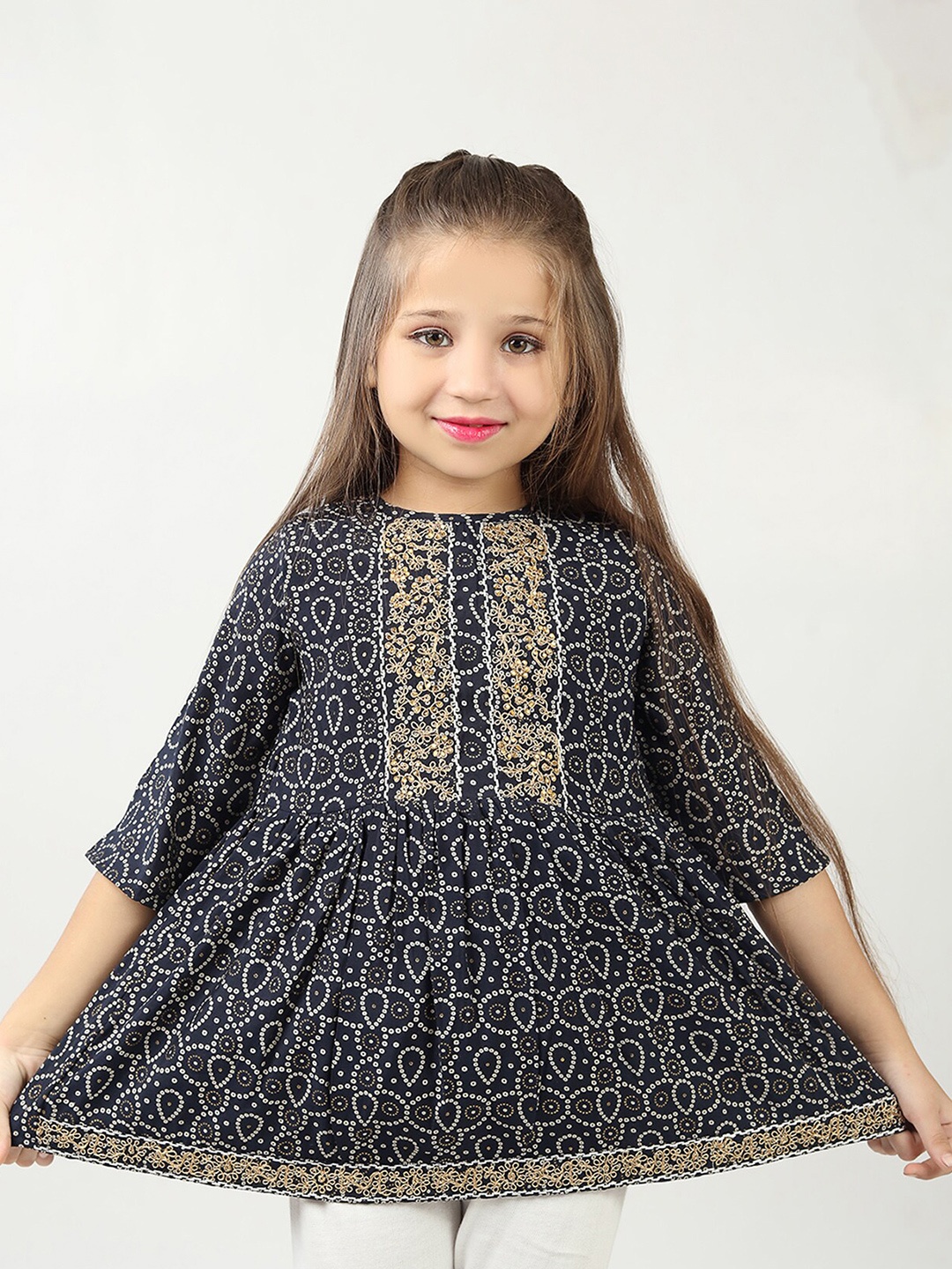 

BAESD Girls Ethnic Motif Printed Thread Work A-Line Kurtis, Navy blue