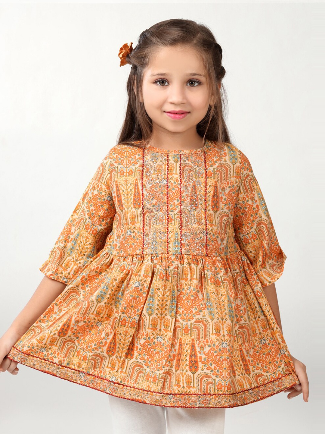 

BAESD Ethnic Motifs Printed Sequinned Straight Kurti, Mustard