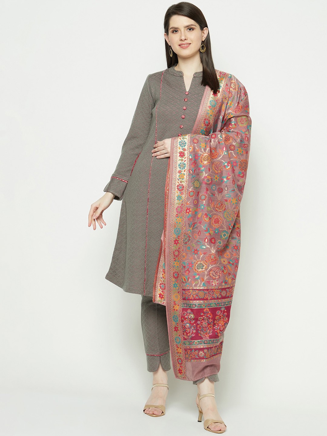 

Knitstudio Floral Self Design Mandarin Collar Jacquard Weave Kurta With Trousers & Dupatta, Grey