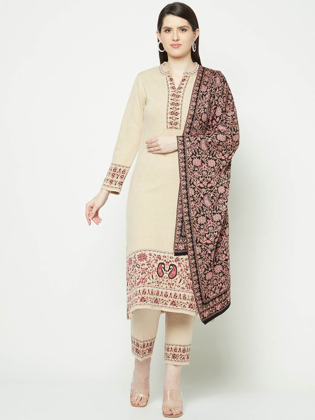 

Knitstudio Paisley Knitted Straight Kurta With Trousers & Dupatta, Beige