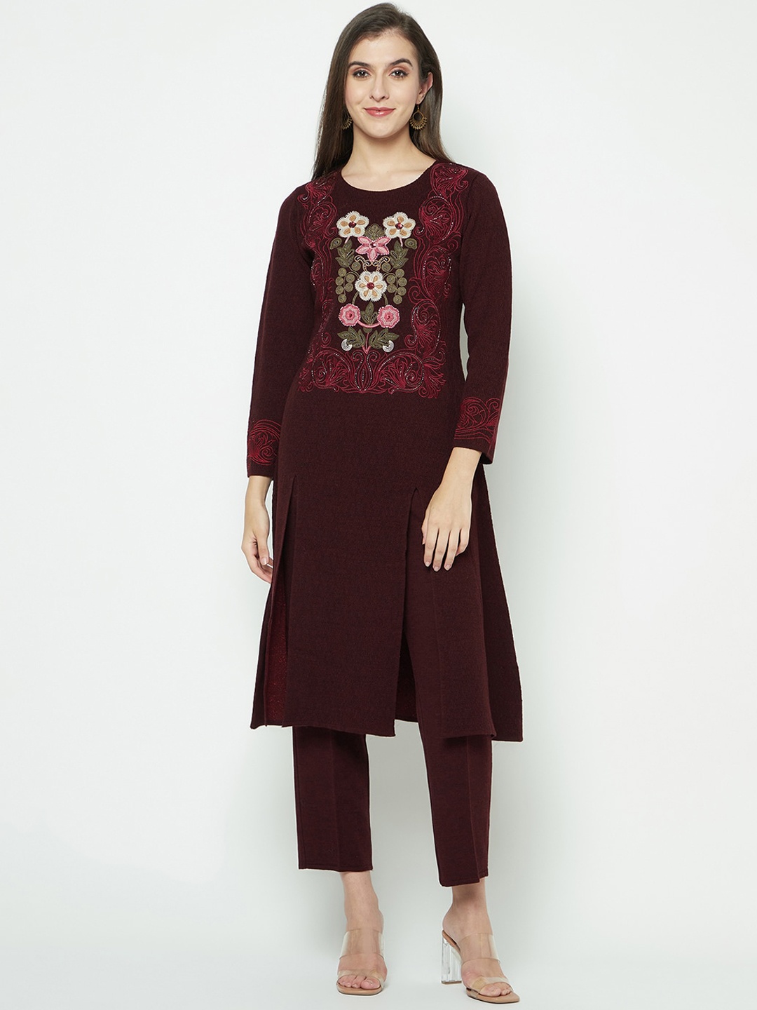 

Knitstudio Floral Embroidered Regular Kurta With Trousers, Brown