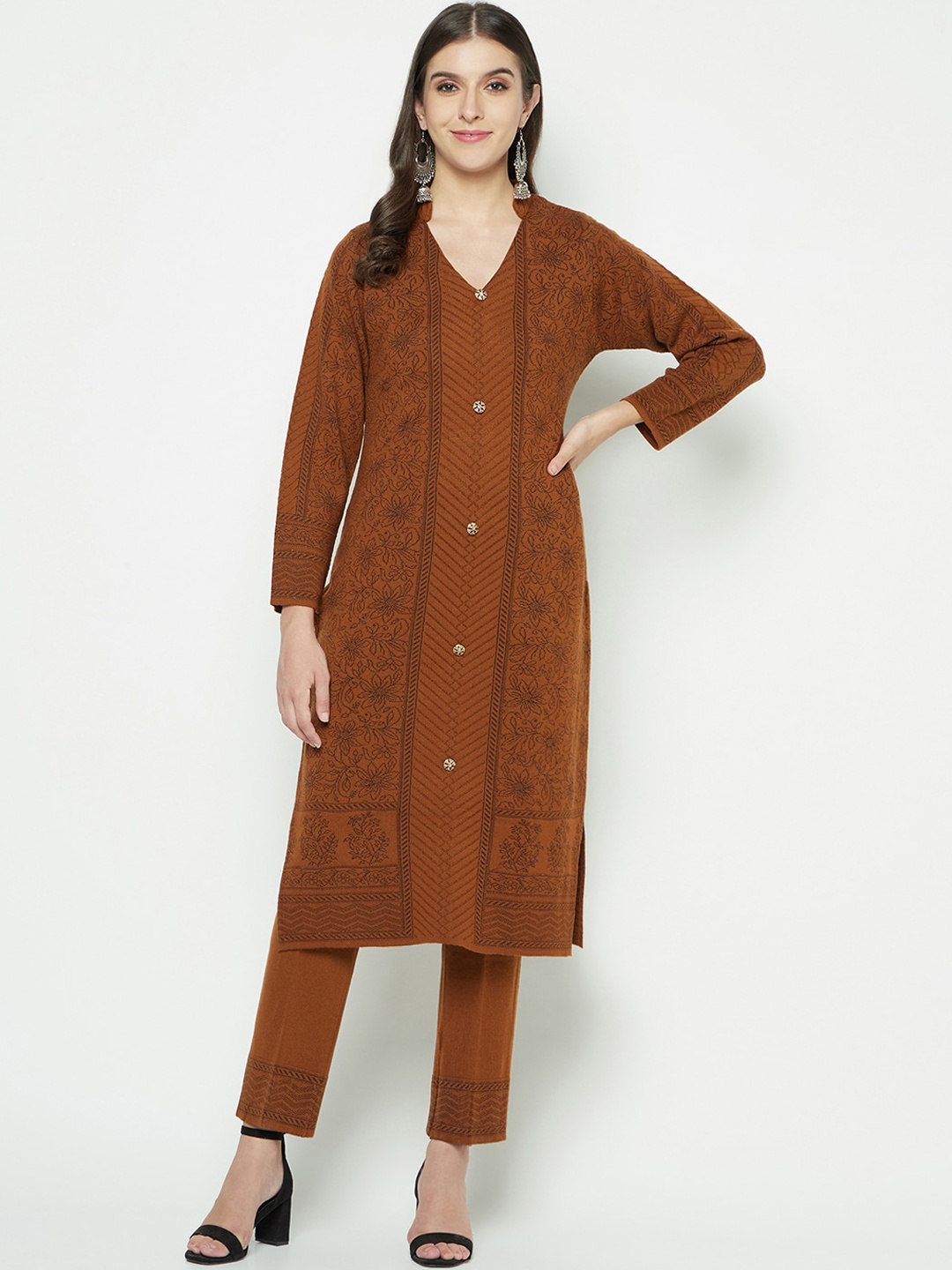 

Knitstudio Ethnic Motif Woven Design Regular Kurta With Trousers, Rust