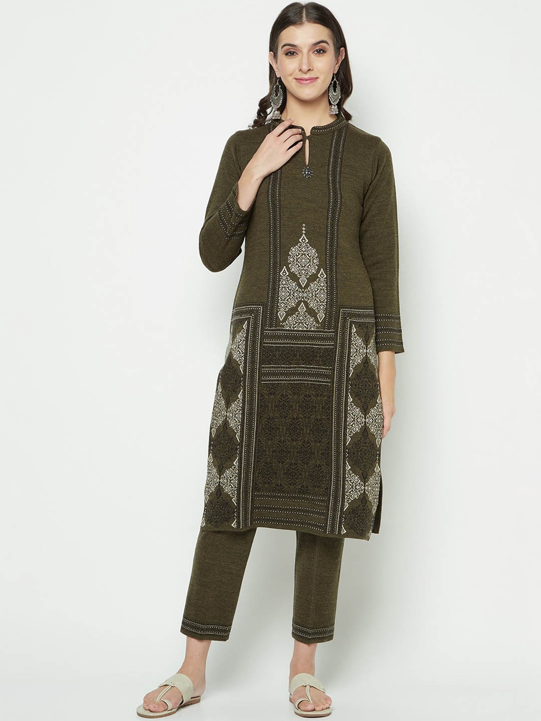 

Knitstudio Ethnic Motifs Woven Design Mandarin Collar Jacquard Weave Kurta With Trousers, Olive