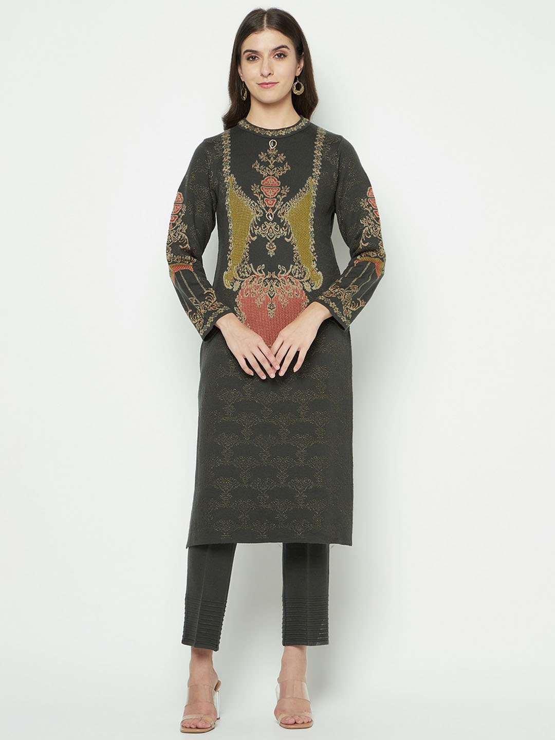 

Knitstudio Ethnic Motif Woven Design Regular Kurta With Trousers, Grey
