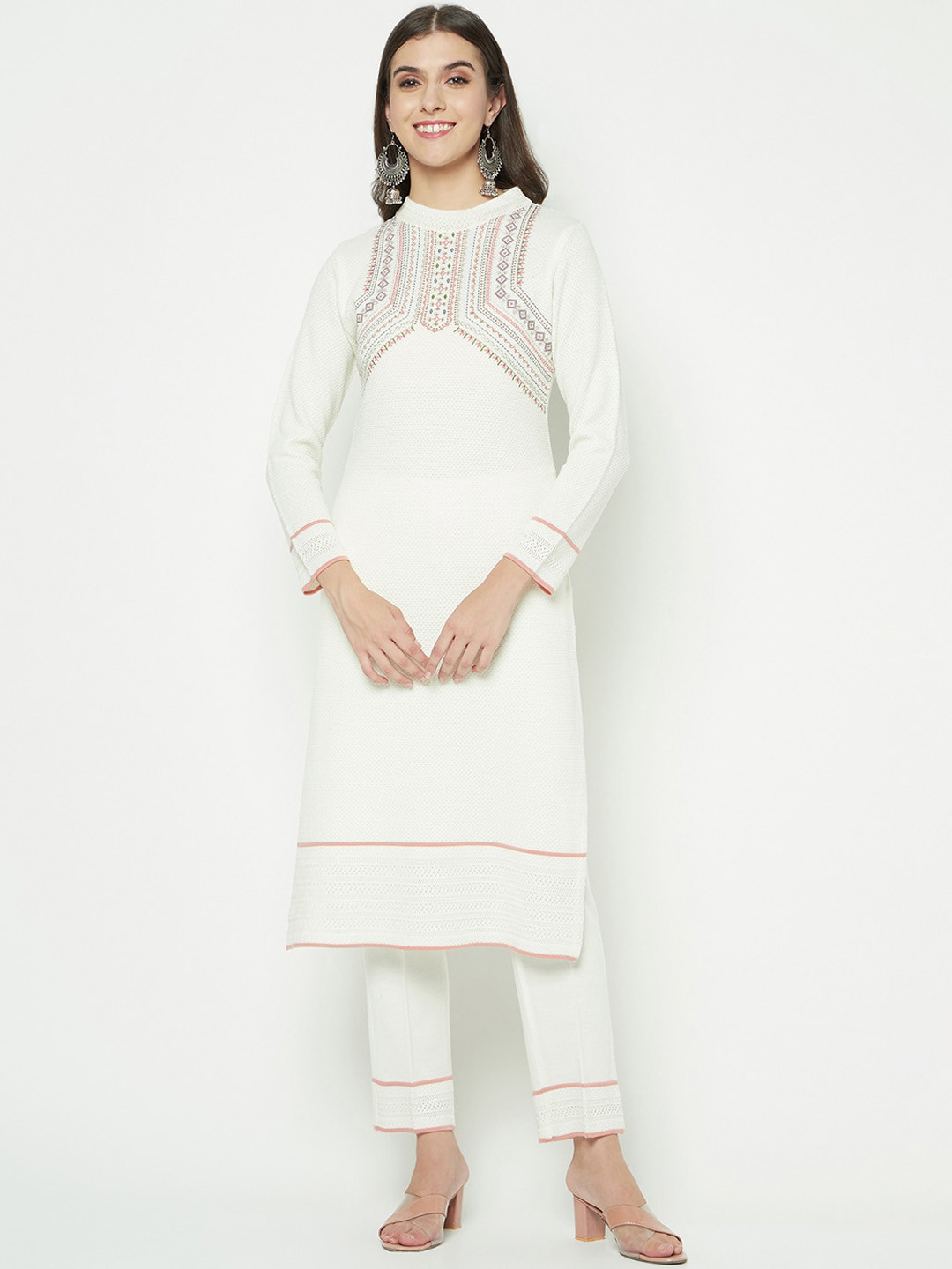 

Knitstudio Ethnic Motifs Self Design Kurta with Trousers, White