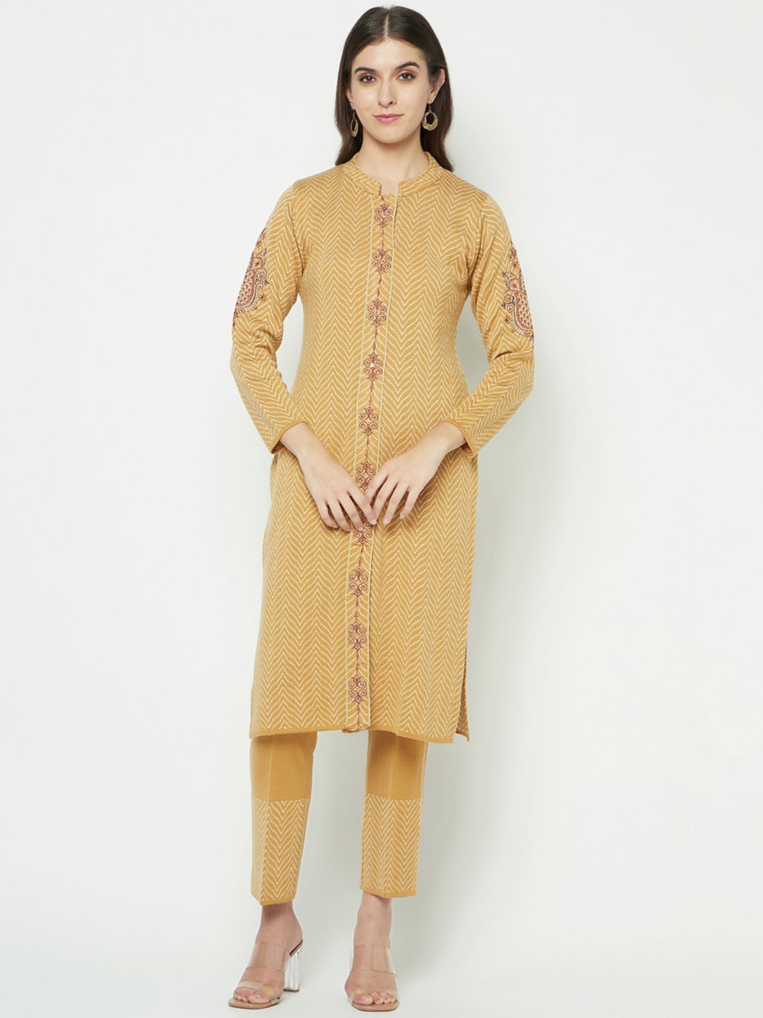 

Knitstudio Chevron Printed Thread Work Knitted Kurta with Trousers, Mustard