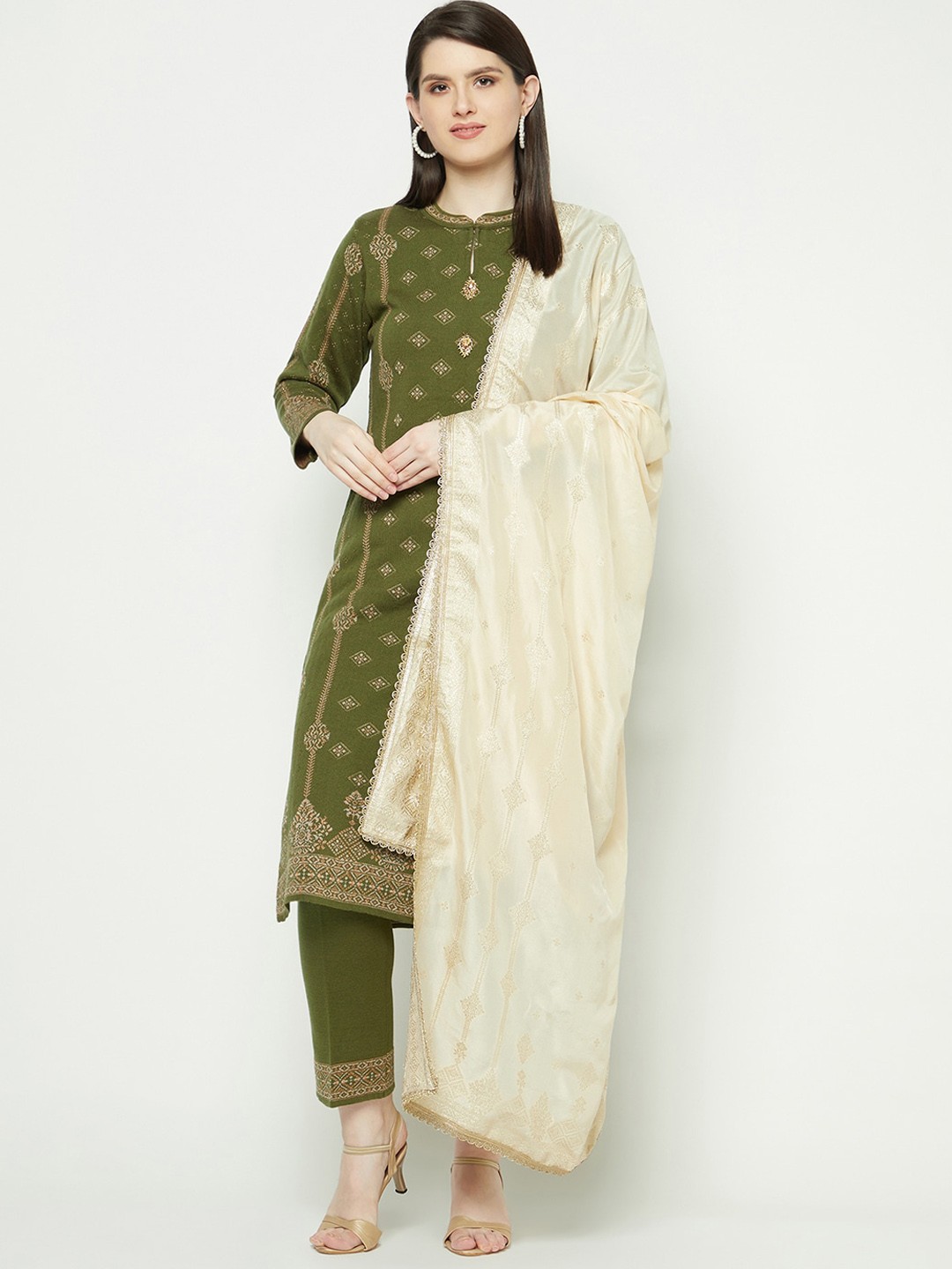 

Knitstudio Ethnic Motifs Printed Straight Kurta With Trousers & Dupatta, Olive