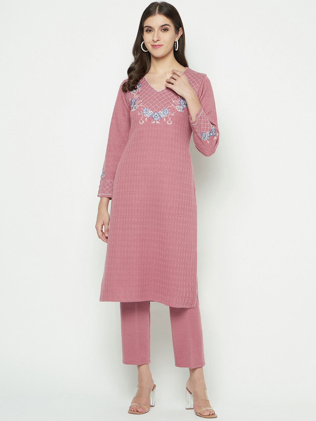 

Knitstudio Gemetric Self Design Thread Work Detailed Straight Kurta With Trouser, Pink