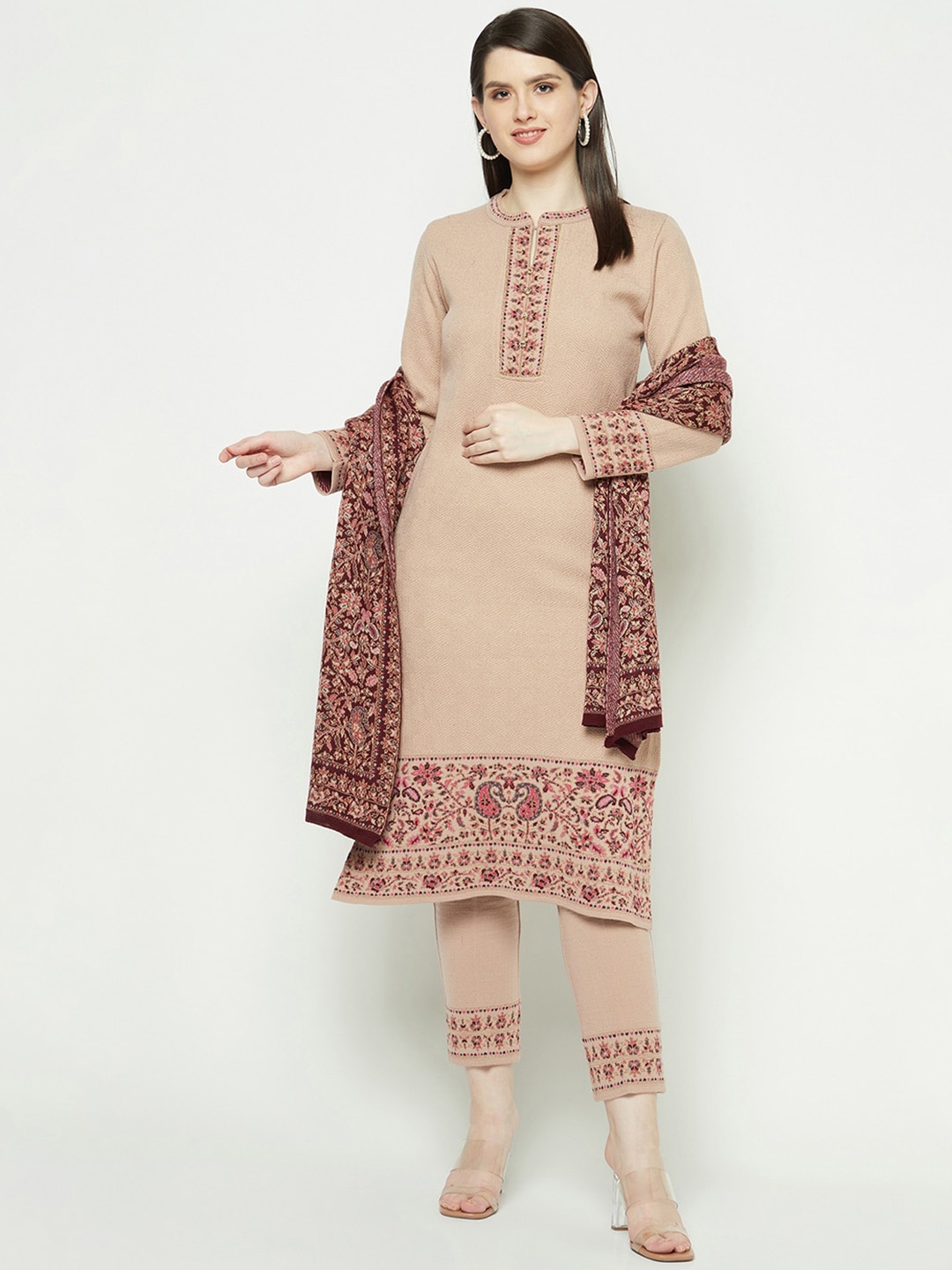 

Knitstudio Paisley Yoke Design Manadrin Collar Jacquard Straight Kurta Set, Beige