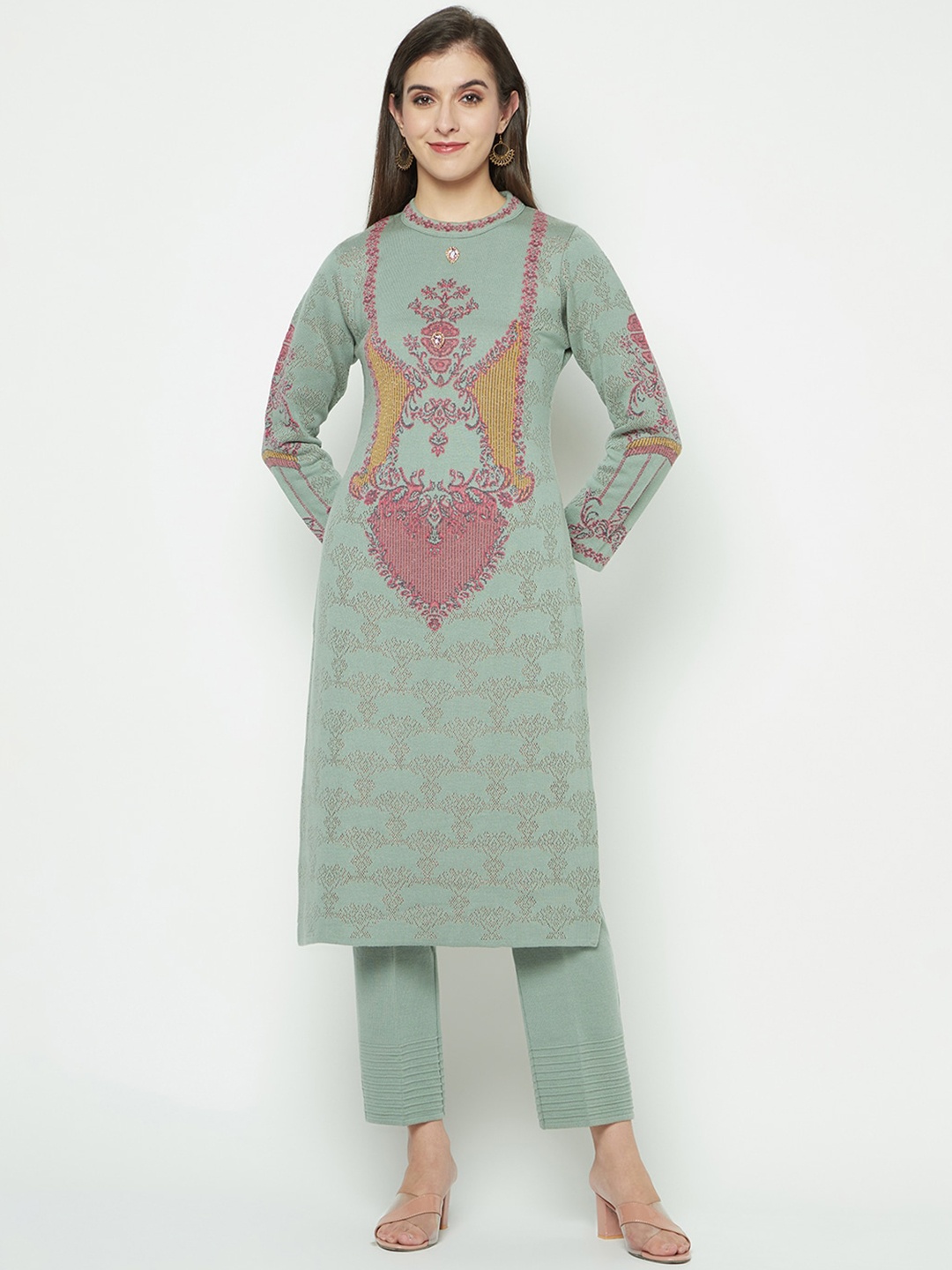 

Knitstudio Ethnic Motifs Self Design Straight Kurta with Trousers, Sea green