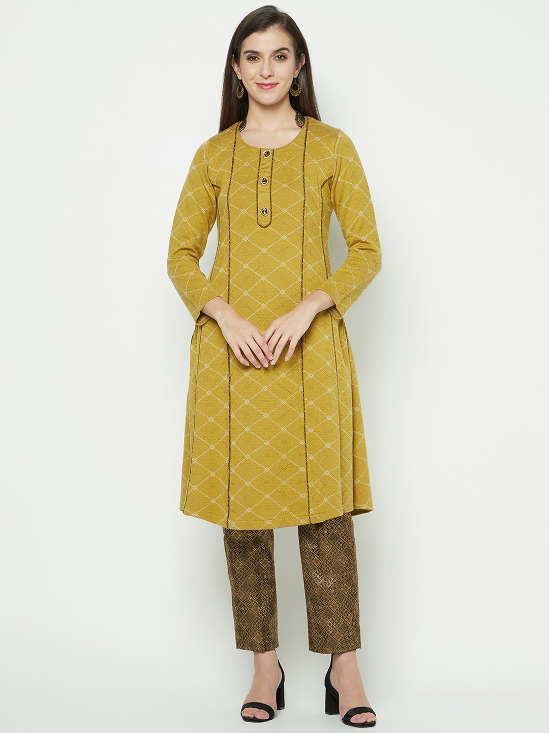 

Knitstudio Geometric Printed Straight Kurti With Trousers, Mustard