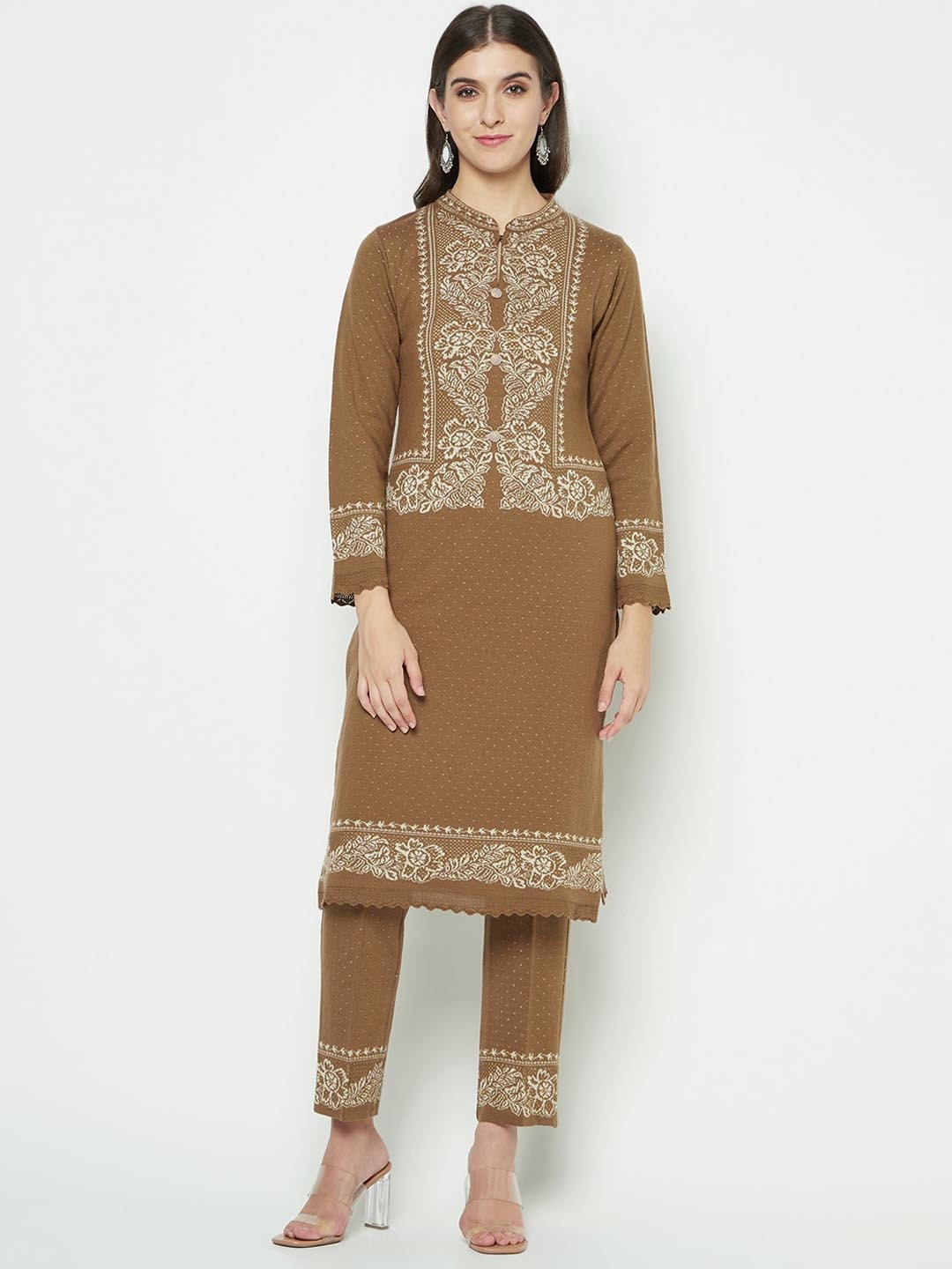 

Knitstudio Floral Self Design Kniited Straight Kurta with Trousers, Brown
