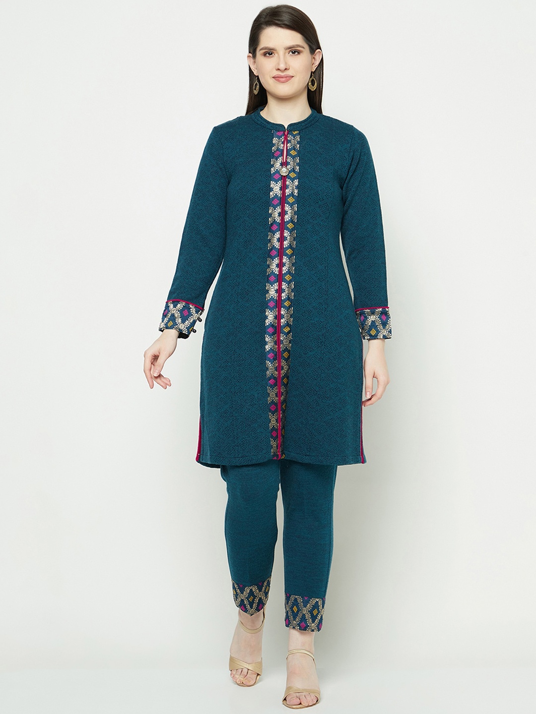 

Knitstudio Ethnic Motifs Printed Mandarin Collar Jacquard Straight Kurta with Trouser, Teal