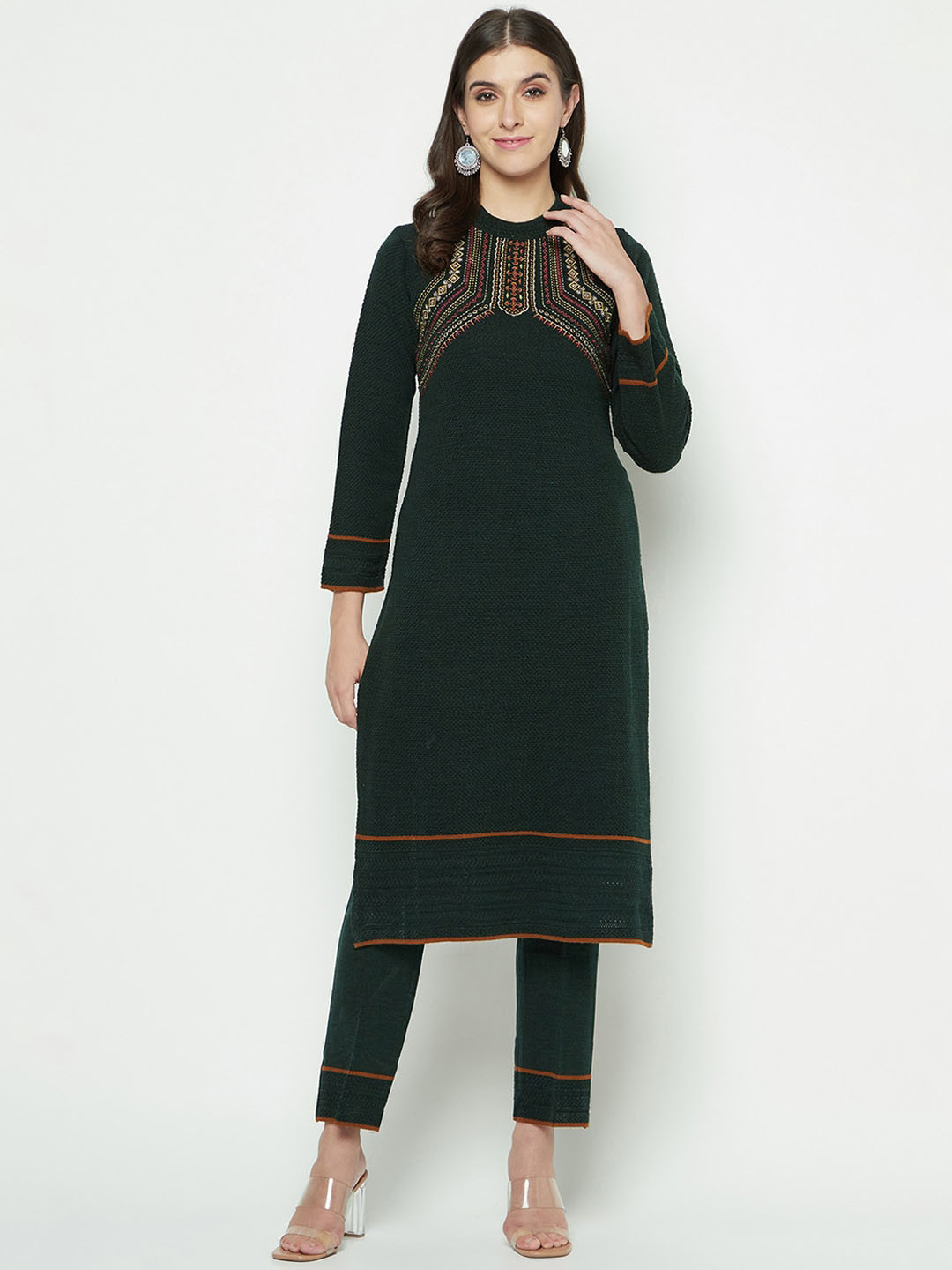 

Knitstudio Ethnic Motifs Yoke Design Straight Kurti With Trousers, Green