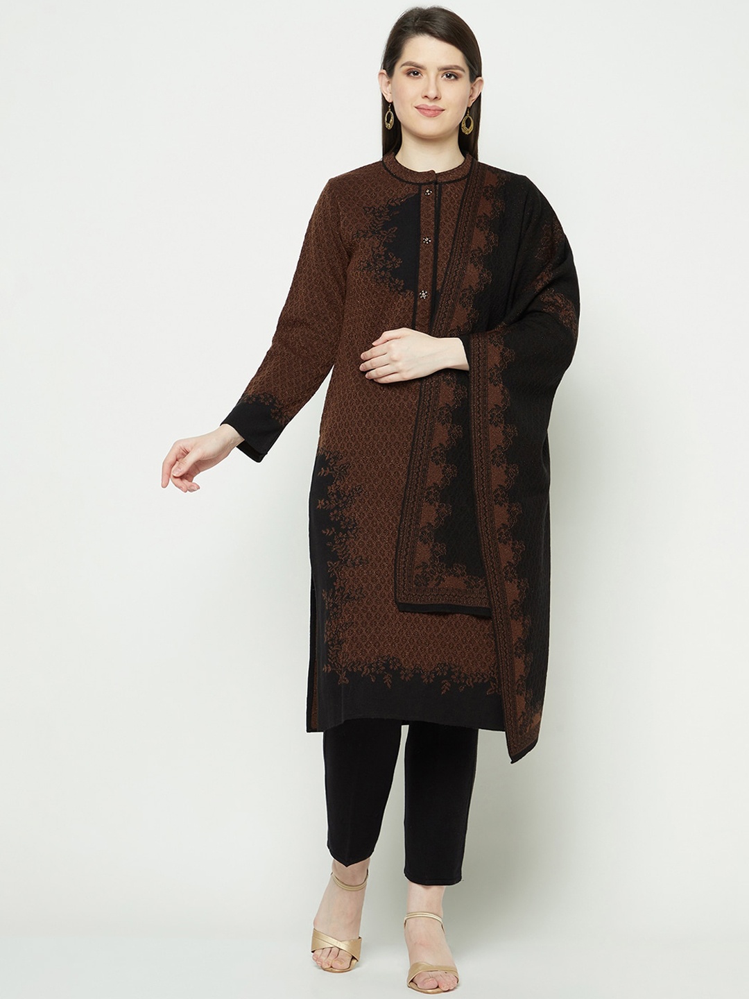 

Knitstudio Paisley Knitted Kurti With Trousers & Dupatta, Brown