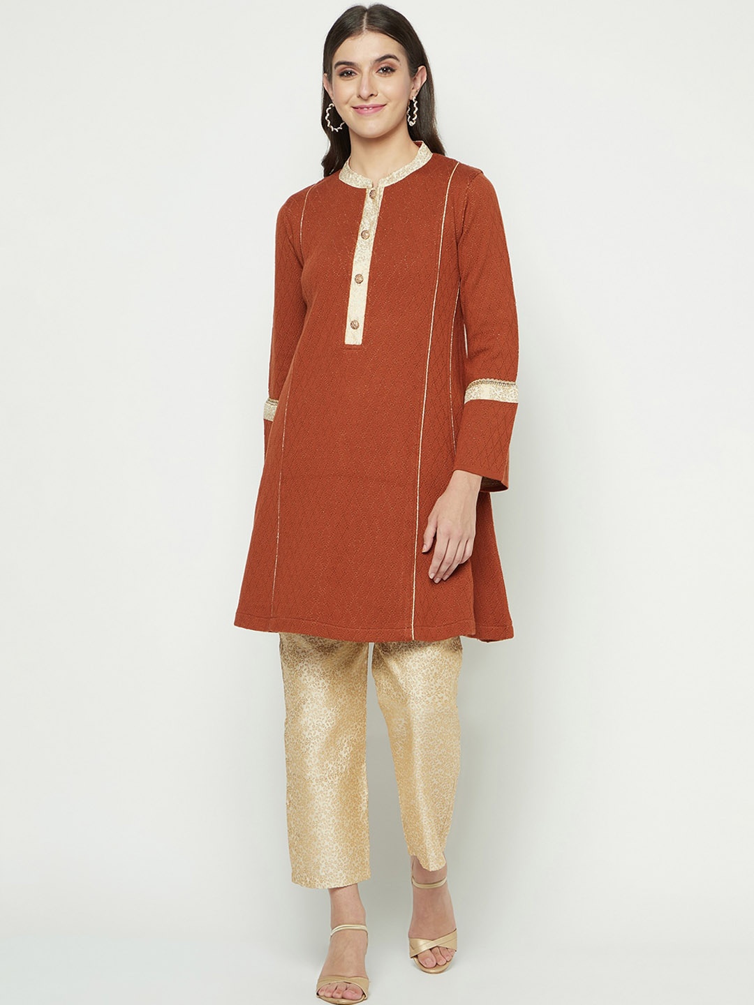 

Knitstudio Mandarin Collar Knitted A-Line Kurti With Trousers, Rust