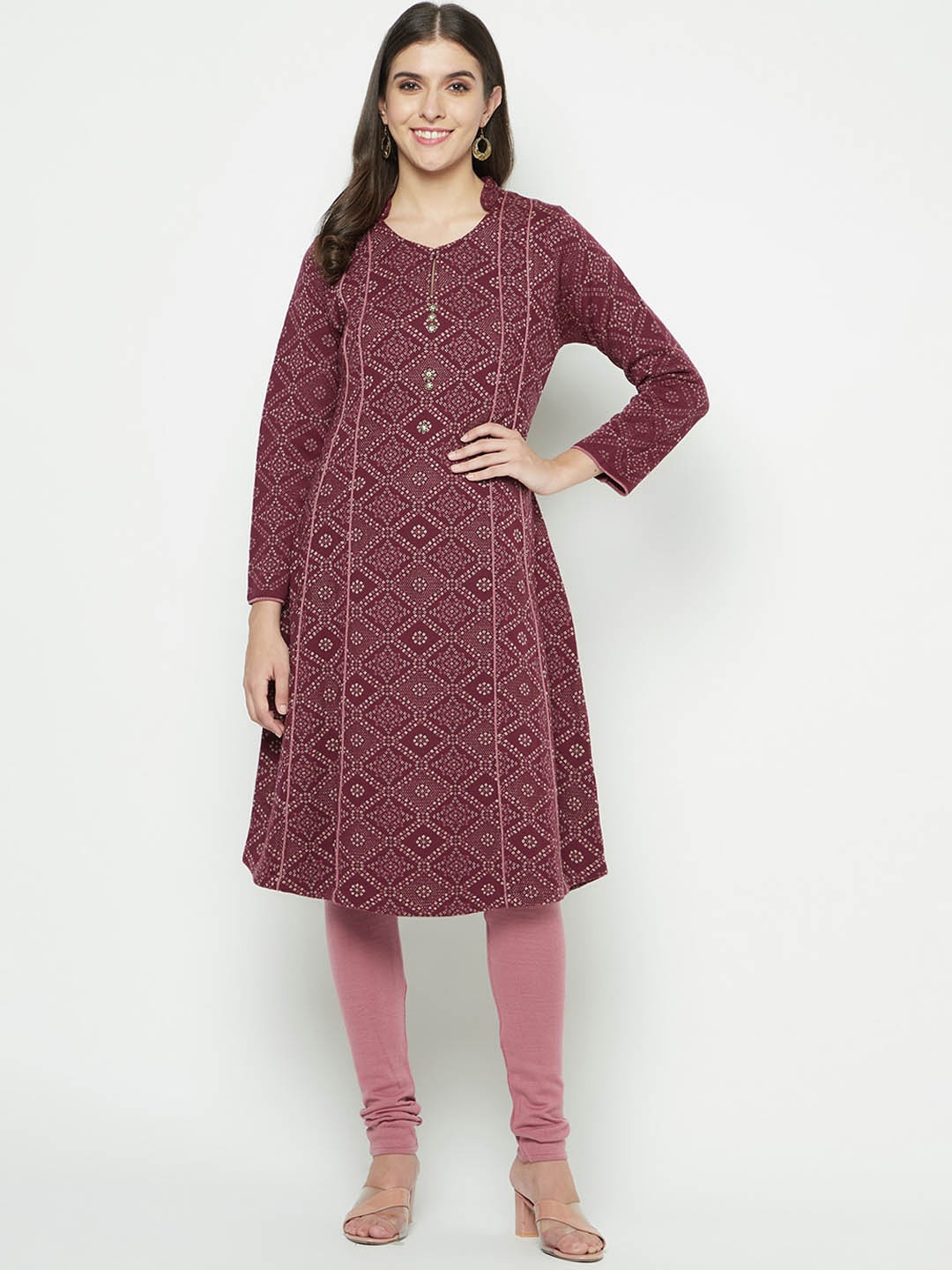 

Knitstudio Ethnic Motif Knitted Mandarin Collar A-Line Kurta With Leggings, Pink