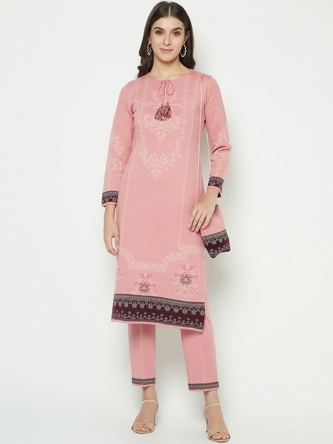 

Knitstudio Floral Printed Straight Kurti With Trousers, Pink