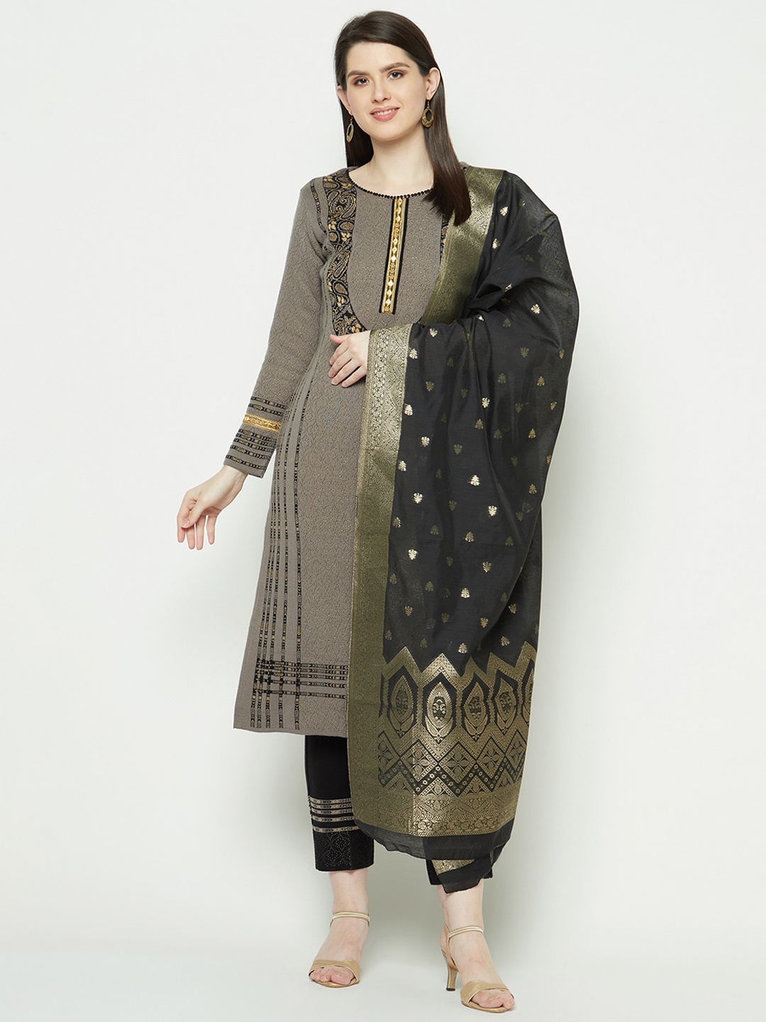 

Knitstudio Paisley Yoke Design Jacquard Straight Kurta with Trouser & Dupatta, Grey