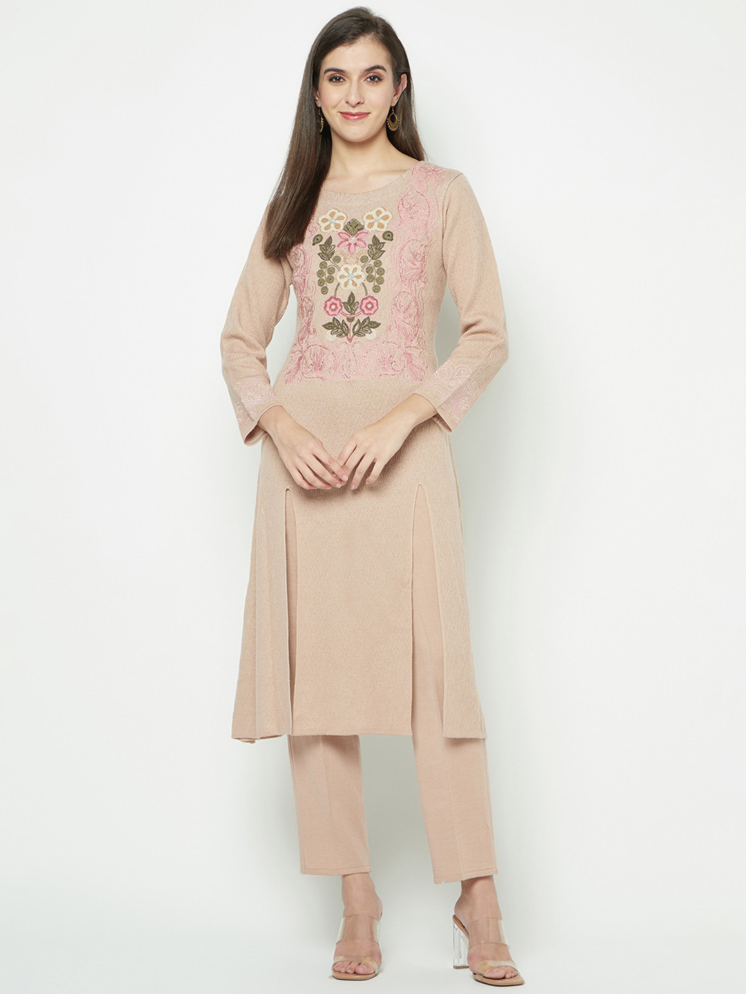 

Knitstudio Embroidered Regular Round Neck Knitted Straight Kurta With Trousers, Pink