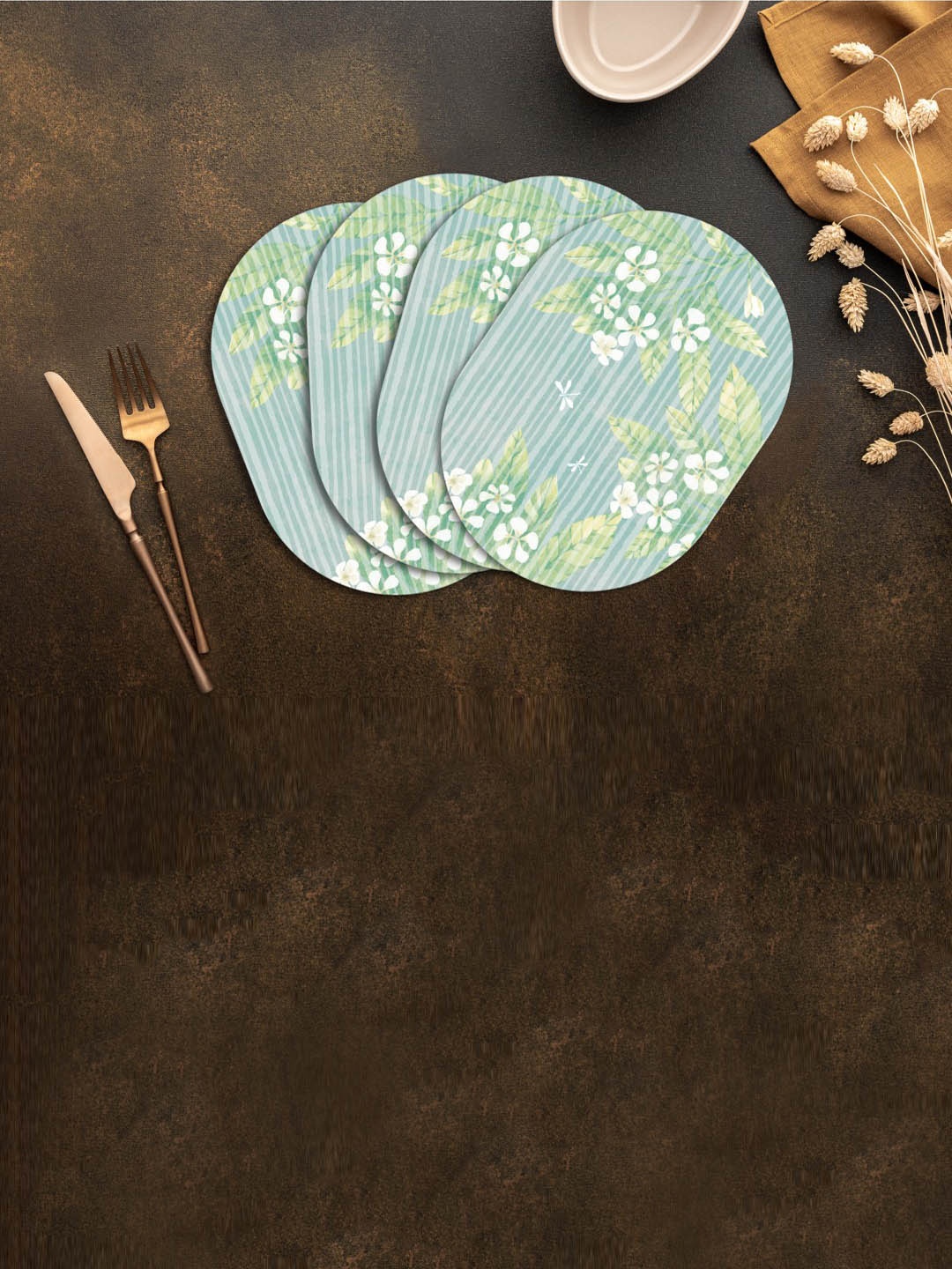 

SPACE OF JOY Winged Elegance 4 Pcs Green & White Floral Anti-Slip Oval Table Placemats, Blue