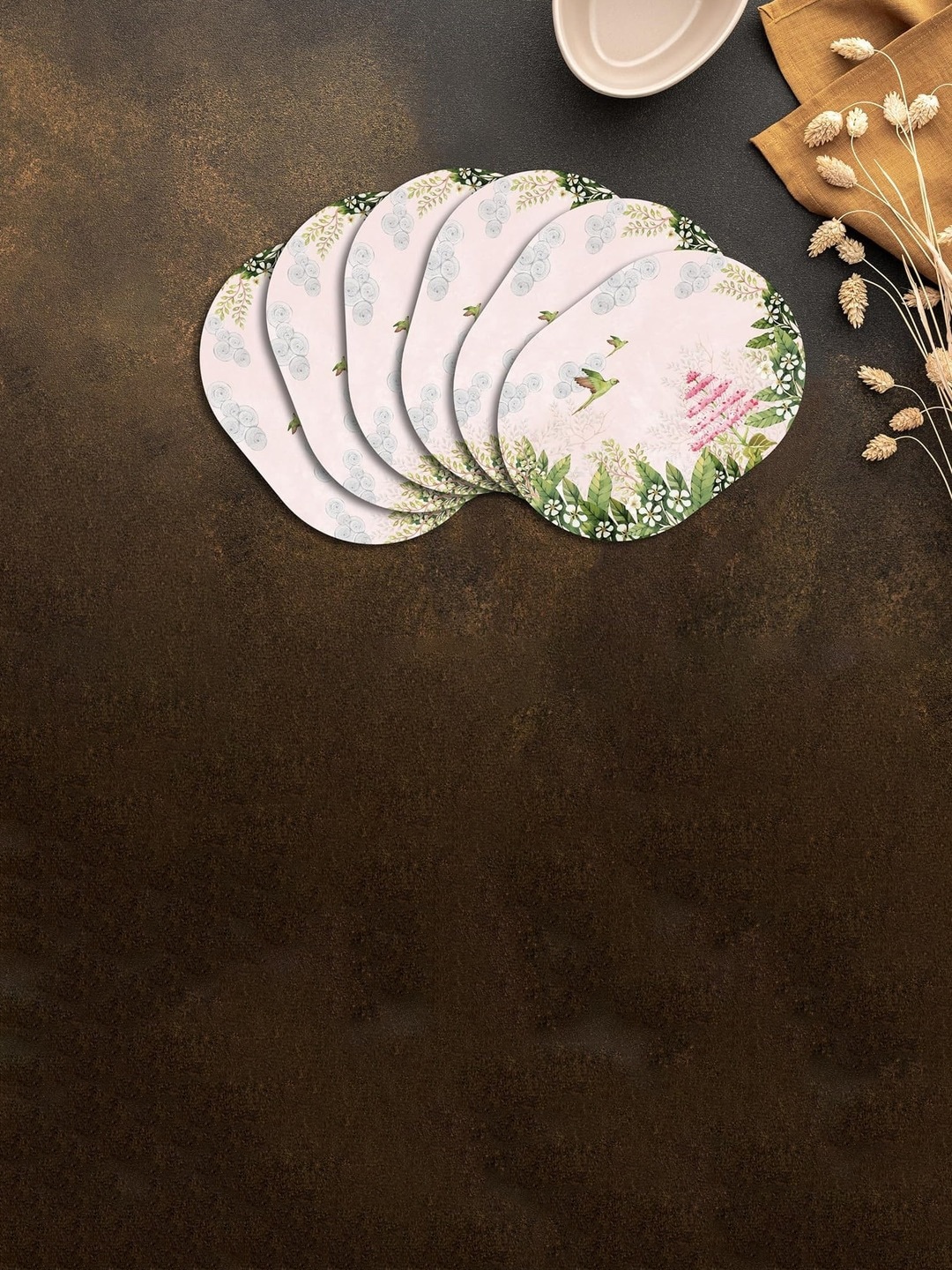 

SPACE OF JOY Tropical Tango Pink & Green 4 Pieces Printed Wooden Oval Table Placemats