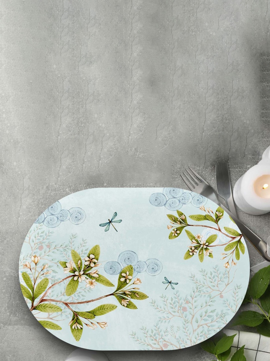 

SPACE OF JOY Butterfly Serenade Green & Blue 6 Pieces Printed Wooden Oval Table Placemats