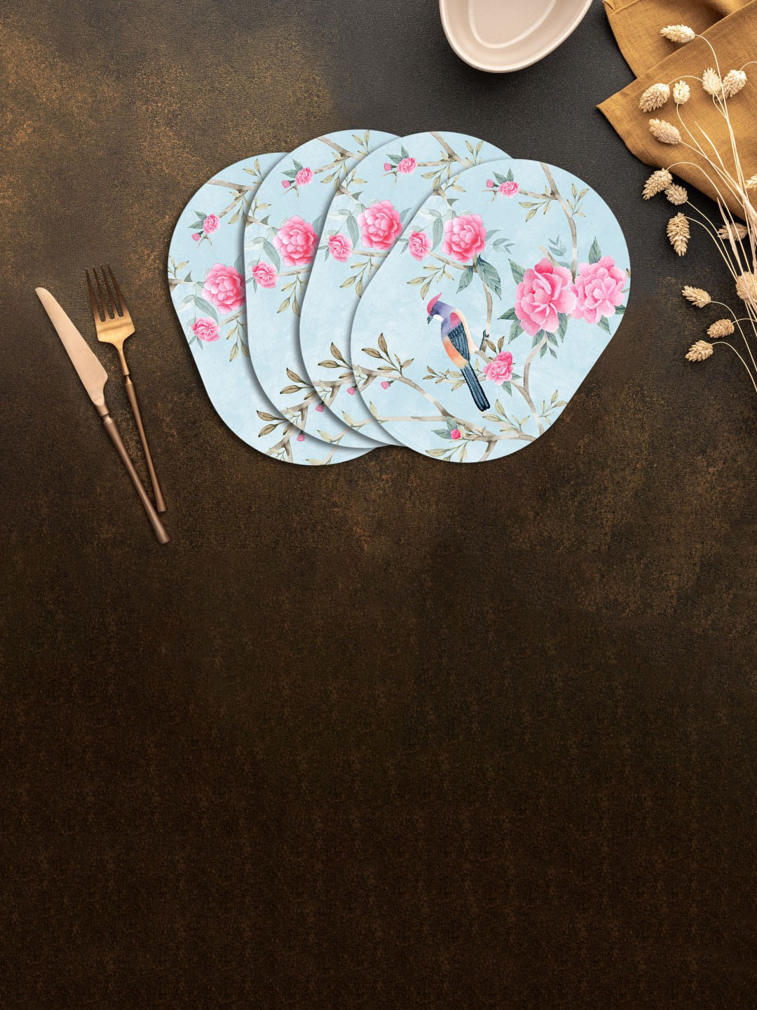 

SPACE OF JOY Peony Blush Blue & Pink 4 Pieces Oval Shaped Table Placemats