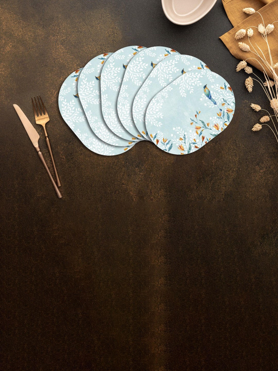 

SPACE OF JOY Azure Canopy 6 Pcs Blue & White Floral Anti-Slip Oval Table Placemats