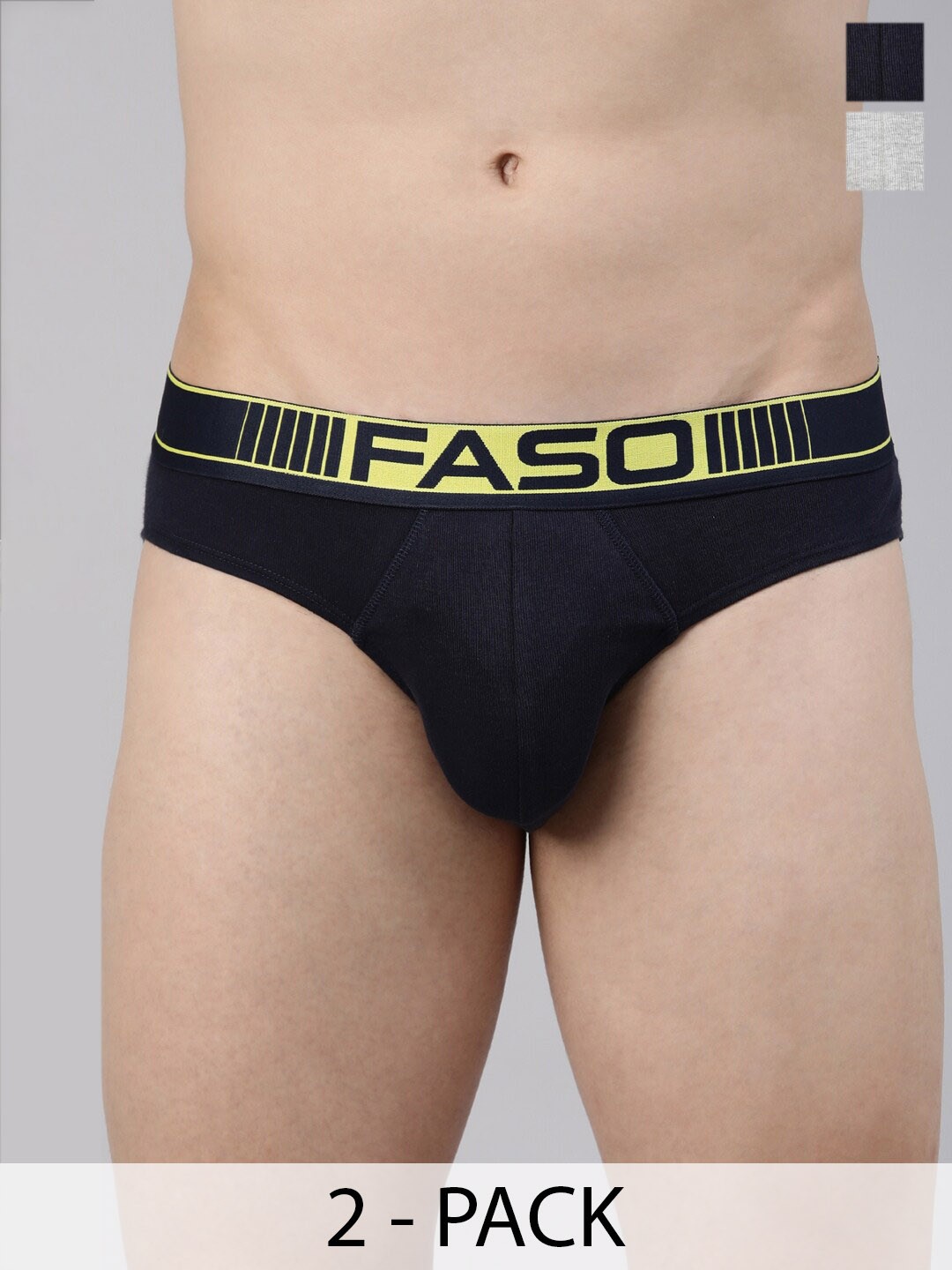 

FASO Pack Of 2 Ultrasoft Waistband Cotton Basic Briefs FA1501-SQ-PO2-GREYMEL-INKBLU, Grey melange