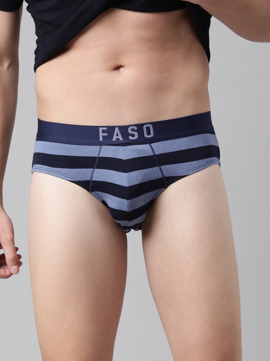 

FASO Striped Mid-Rise Cotton Basic Briefs FS2003-SQ-DENIMBLUE, Blue