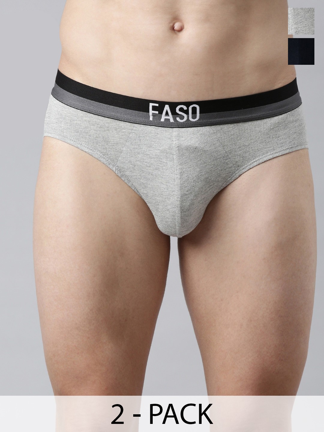 

FASO Pack Of 2 Cotton Basic Briefs K203-SQ-PO2-NAVY-GREYMEL, Navy blue