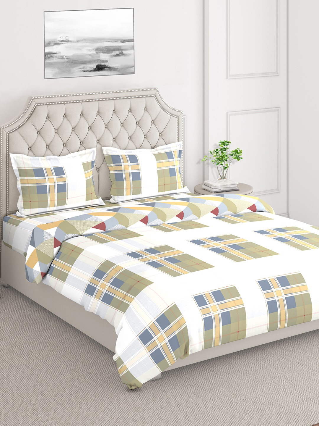 

Layers White & Brown Checked Pure Cotton 144 TC Double Queen Bedding Set
