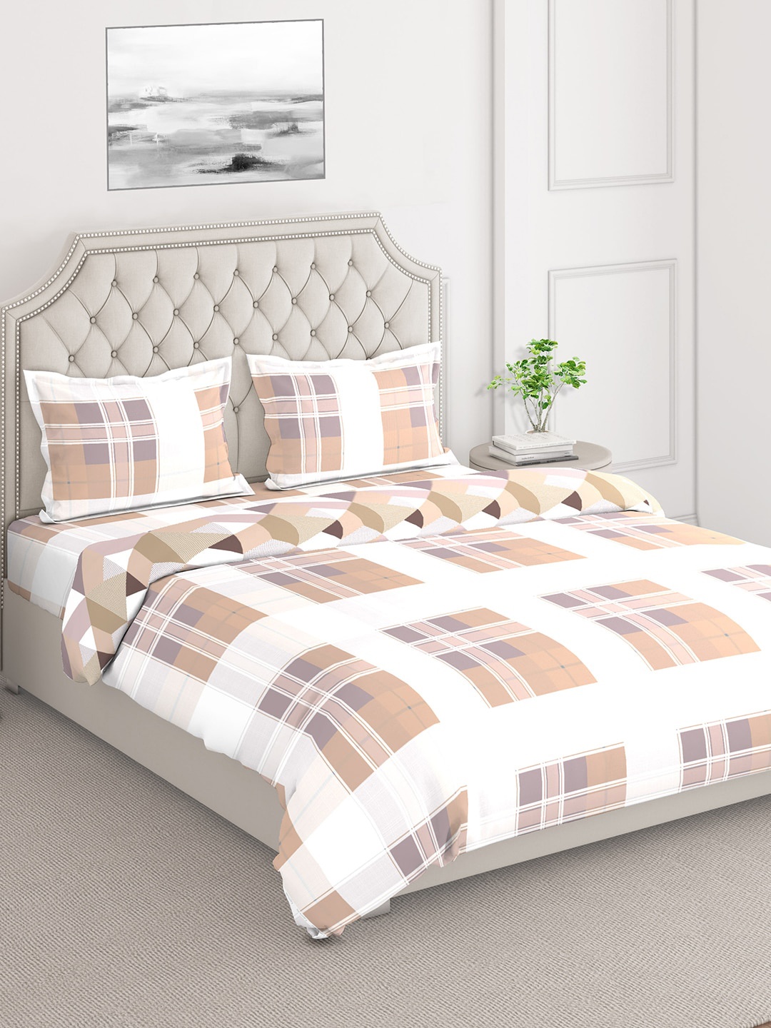 

Layers White & Beige Printed Cotton Superfine Double Queen Bedding Set