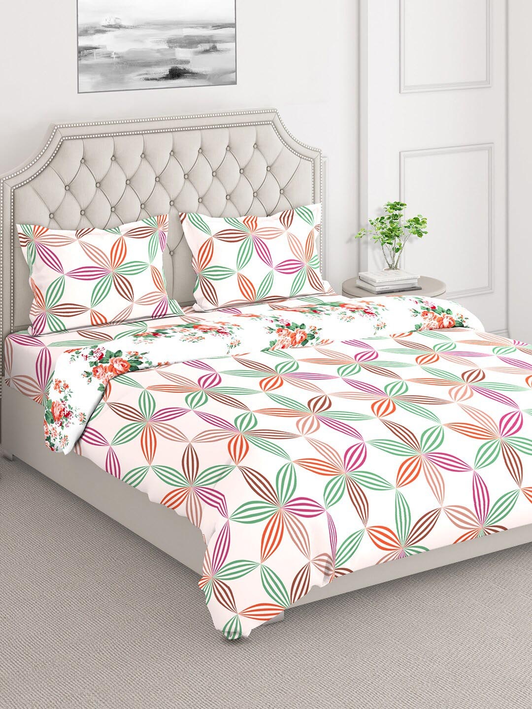 

Layers White & Pink Printed Cotton Superfine Double Queen Bedding Set