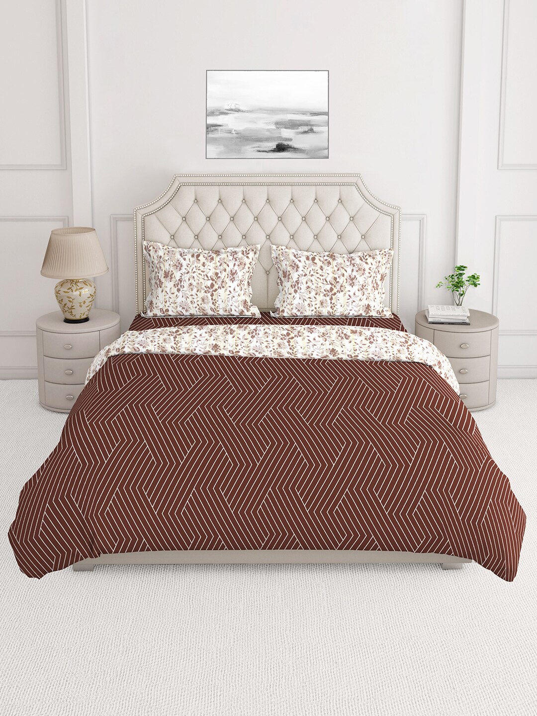 

Layers Brown & White Printed Cotton Superfine Double King Bedding Set