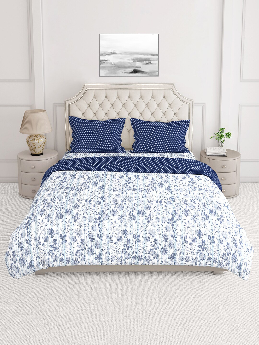 

Layers White & Blue Printed Cotton Superfine Double King Bedding Set