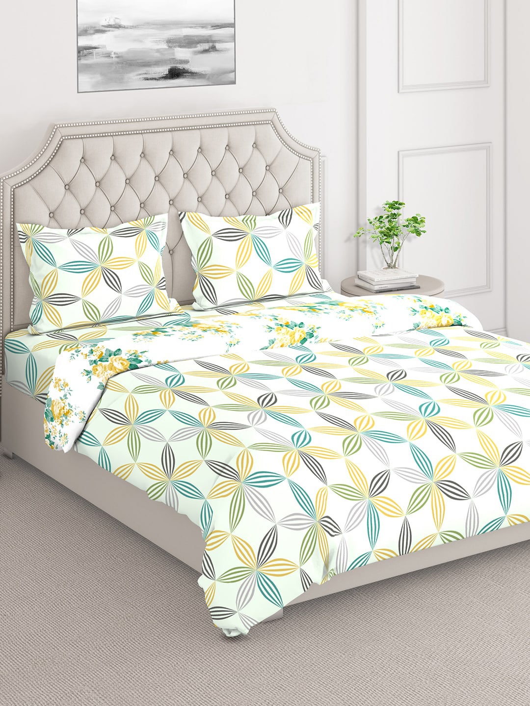 

Layers White & Yellow Printed Cotton Superfine Double Queen Bedding Set