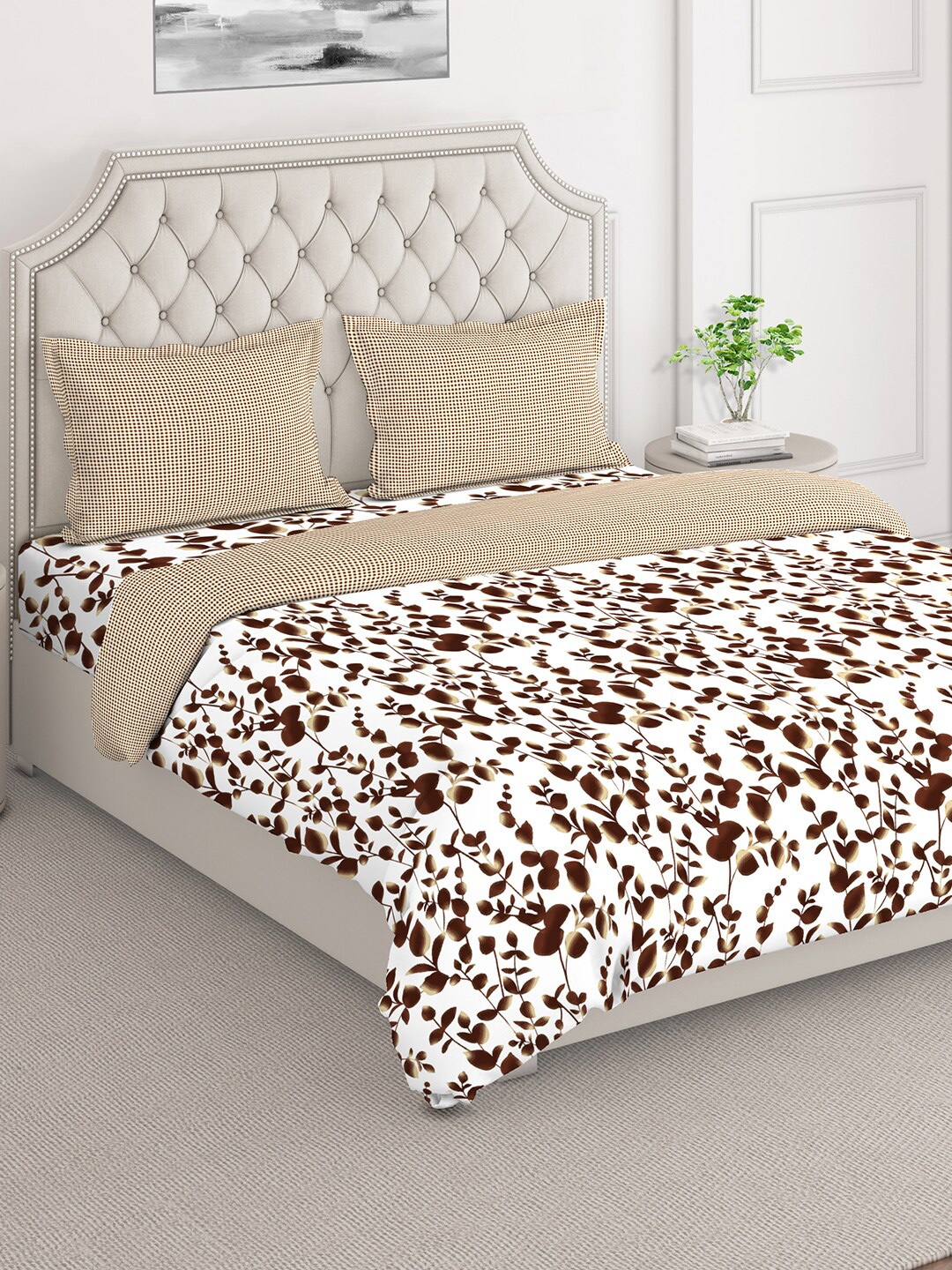 

Layers White & Brown Printed Cotton Superfine Double King Bedding Set